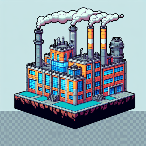 The outside of a factory in a cartoon style.
Single Game Texture.  In-Game asset.  2d.  Blank background.  High contrast.  No shadows