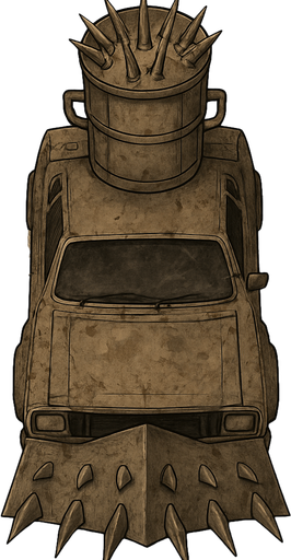 A Mad Max style car will be old and will have a metal spiked plate on the front and will have a top view of the car