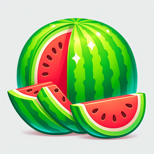 A watermelon and some pieces of watermelon.
Single Game Texture. In-Game asset. 2d. Blank background. High contrast. No shadows.