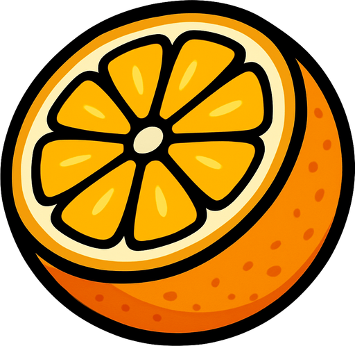 Naranja Circular Cortada por la mitad.
In-Game asset.  2d.  High contrast.  No shadows. Cartoon.