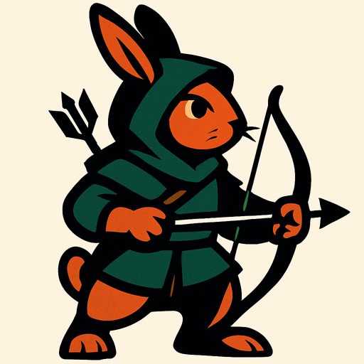 conejo con archo y flecha mirando hacia la derecha y capucha tiene.
In-Game asset.  2d.  High contrast.  No shadows