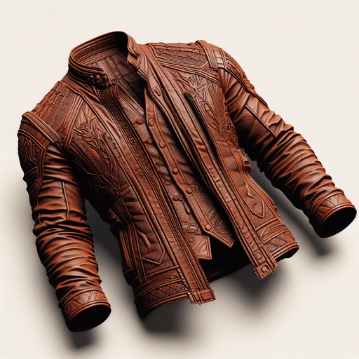 brown leather jacket.
Single Game Texture.  In-Game asset.  2d.  Blank background.  High contrast.  No shadows