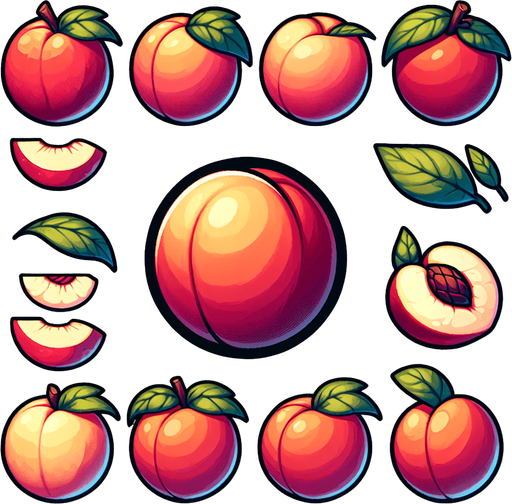 peaches.
Single Game Texture. In-Game asset. 2d. Blank background. High contrast. No shadows.