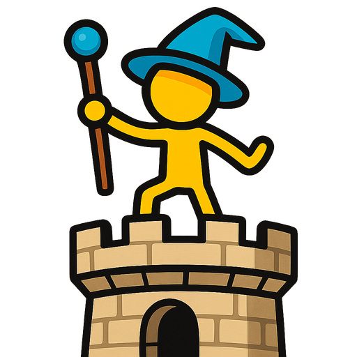 Yellow stickman with an azur wizard hat and staff on a tower.
In-Game asset.  2d.  High contrast.  No shadows