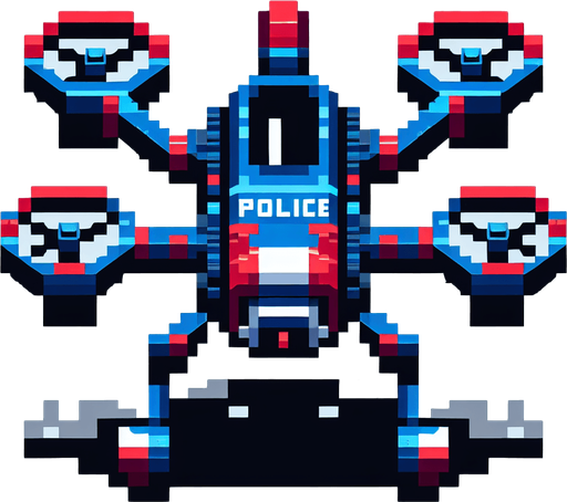 8 bit front image blue red scifi police drone.
Single Game Texture.  In-Game asset.  2d.  Blank background.  High contrast.  No shadows