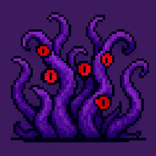 Purple tentacles pixel art and red eyes 2d.
In-Game asset.  2d.  High contrast.  No shadows