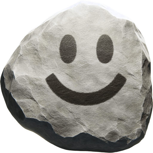 a rock with a smiley face on it.
Single Game Texture. In-Game asset. 2d. Blank background. High contrast. No shadows.