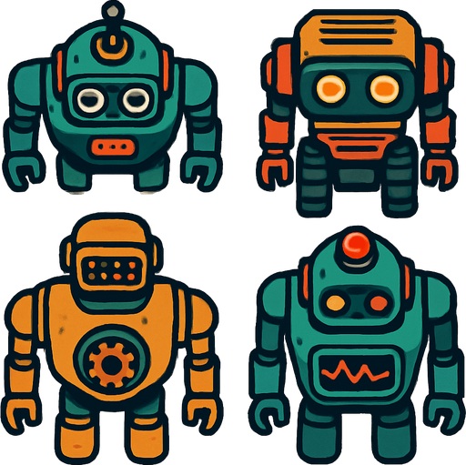 Robot algo viejos vistos desde arriba.
In-Game asset.  2d.  High contrast.  No shadows