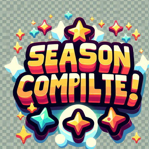 Create a SVG text design in bold cartoon style: "SEASON COMPLETE!" in chunky rounded letters with stars around it .
Single Game Texture. In-Game asset. 2d. Blank background. High contrast. No shadows.