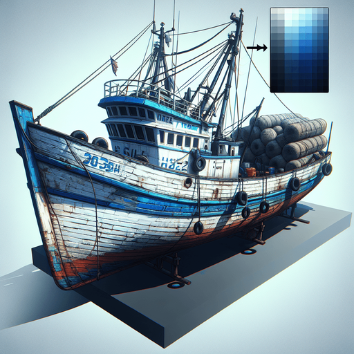 blue white color fishing ship.
Single Game Texture.  In-Game asset.  2d.  Blank background.  High contrast.  No shadows