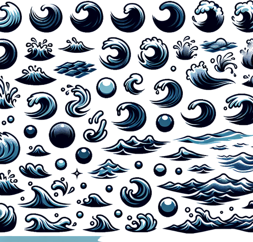 A sprite sheet of different water ripples.
Single Game Texture. In-Game asset. 2d. Blank background. High contrast. No shadows.