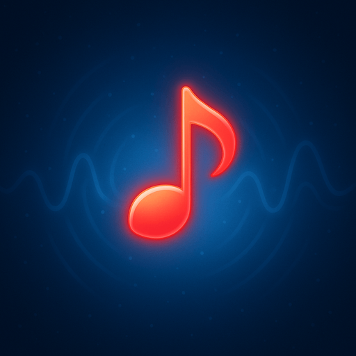 A single glowing red melody symbol in the center, surrounded by soft blue light, abstract sound waves gently radiating outward, dreamy and minimalistic background, magical atmosphere, high contrast lighting, perfect for a music-themed game, 4K, highly detailed.
In-Game asset.  2d.  High contrast.  No shadows