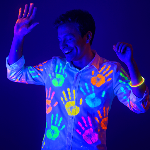 Dancing man in a white shirt filled with multi-colored UV ink palm prints. UV luminous bracelet on the arm