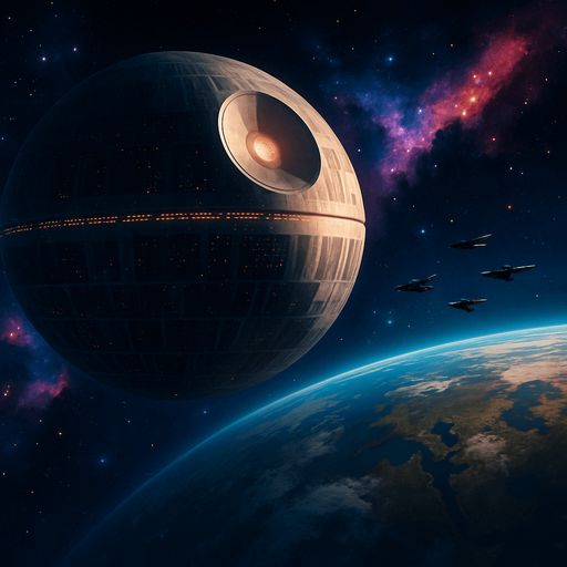 A dramatic sci-fi space background featuring a massive spherical orbital station inspired by the Death Star, orbiting a distant planet. The station has detailed surface structures, illuminated trenches, and a large superlaser dish glowing softly. Surrounding the station are small starfighters flying in formation against a vibrant starfield filled with colorful nebulas in shades of blue, purple, and orange. The distant planet below shows visible continents and atmosphere with soft clouds. The scene is cinematic and mysterious, with dynamic lighting and subtle lens flares to enhance depth and realism. High resolution, widescreen format, concept art style, original and copyright-safe..
In-Game asset.  2d.  High contrast.  No shadows