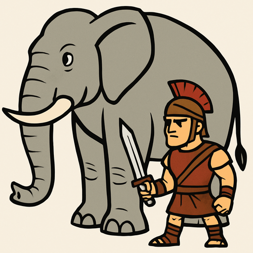 Animasyon çizgi dizi tarzında büyük ve devasa bir fil çiz yanındada elinde kılıç olan eski çağlardan bir asker olsun.
In-Game asset.  2d.  High contrast.  No shadows