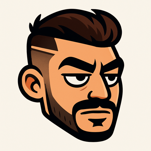 Cartoon-style head of a “keko” character inspired by Turkish street style. The sides of his hair are shaved short, the top is longer and voluminous. A sharp razor line is cut into the left side of his hair. He has a thin mustache and a neatly trimmed beard along the jawline. Thick eyebrows and half-closed, confident eyes give him a bold, slightly smug expression. Skin tone is tan or medium. His face has sharp, masculine features. The style is cartoonish, not photorealistic. Background is minimal to keep focus on the character’s head. The head is slightly tilted forward, as if ready to fly like in Flappy Bird. Overall vibe is playful but with a tough, urban edge..
In-Game asset.  2d.  High contrast.  No shadows