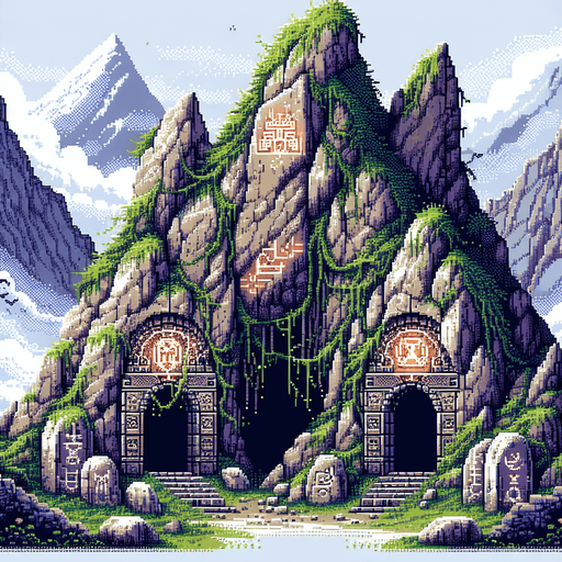 Create an 8-bit pixelated entrance to a mystical cave-like dungeon with two distinct, rugged doorways carved into a mountainside. The scene should have an ancient, mysterious atmosphere, with overgrown vines and faintly glowing symbols etched into the stone..
Single Game Texture. In-Game asset. 2d. Blank background. High contrast. No shadows.