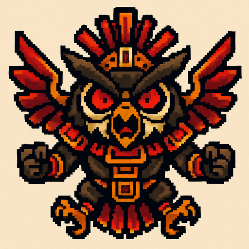 Genérame una Buho de anteojos guerrero azteca con eso patrones, estilo pixelar, con una apariencia maligna, ojos rojos, rabioso. Unidad aerea con alas. Animal.
In-Game asset.  2d.  High contrast.  No shadows