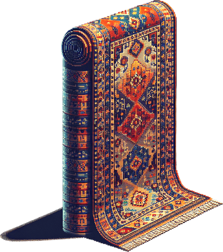 vertically standing rolled up arabic rug.
Retro gaming style