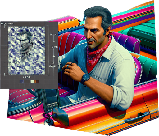 Draw a man in a colorful image with a toothpick in his mouth and behind the steering wheel..
Single Game Texture. In-Game asset. 2d. Blank background. High contrast. No shadows.