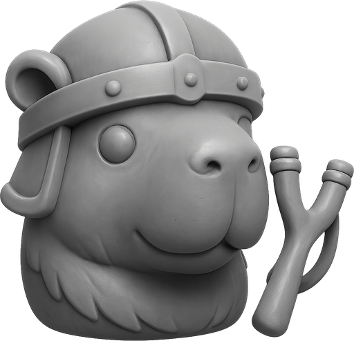 Recrealo en una escultura. Utiliza un estilo cartoon. Usas colores grises. Recuerda que es un capibara usas sus rasgos y formas. Damelo sin fondo