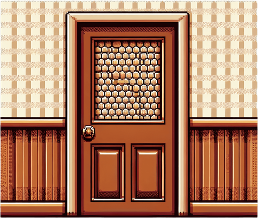 8 bit image 2d brown classic old door with beehive pattern.
Single Game Texture.  In-Game asset.  2d.  Blank background.  High contrast.  No shadows