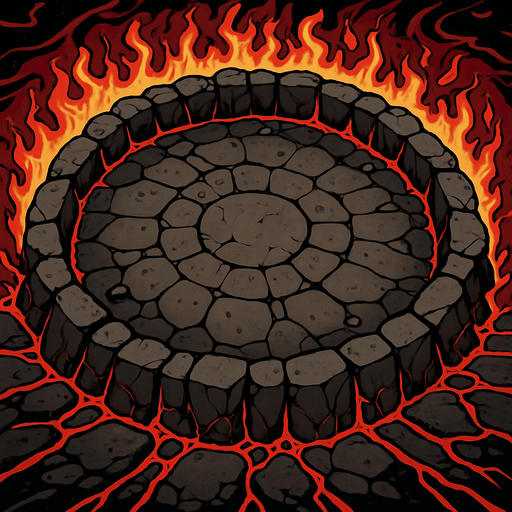 bird's eye view of a round rocky arena surrounded by flames decorated with red lava.
In-Game asset.  2d.  High contrast.  No shadows