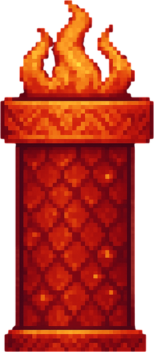 A single vertical top pipe for a 2D pixel art side-scrolling game with classic Flappy Bird hitbox. The pipe is designed with a dragon theme using red, orange, and gold tones. The pipe surface features subtle dragon scale textures and glowing ember details. Around the opening at the top, there is a stylized flame motif to give a mystical fantasy feel. The pipe is viewed from the side with a clear silhouette suitable for gameplay. The style is cute, retro, and fits a pixel art fantasy game..
In-Game asset.  2d.  High contrast.  No shadows. pixel art. side view. retro. fantasy. dragon theme. red. orange. gold. cute. mystical