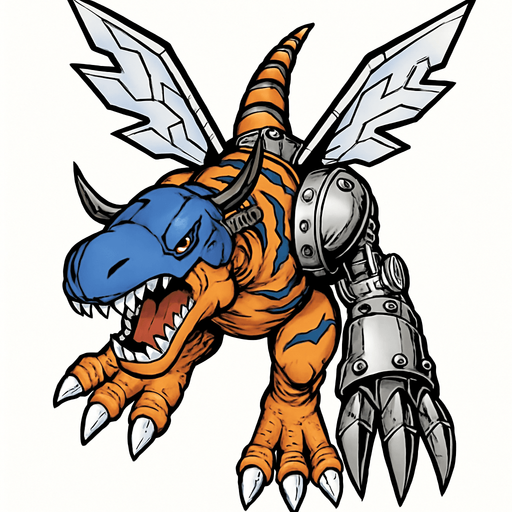Metalgreymon, visto desde arriba, detalles altos, sin errores debe ser identico.
In-Game asset.  2d.  High contrast.  No shadows
