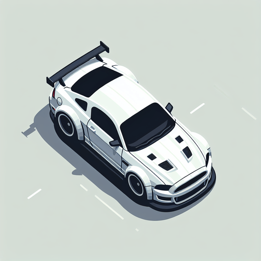 top down view of white racing car.
Single Game Texture.  In-Game asset.  2d.  Blank background.  High contrast.  No shadows