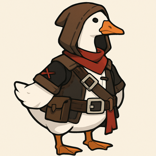 Emden Goose in Outfit of Treasure Hoarders.
In-Game asset.  2d.  High contrast.  No shadows