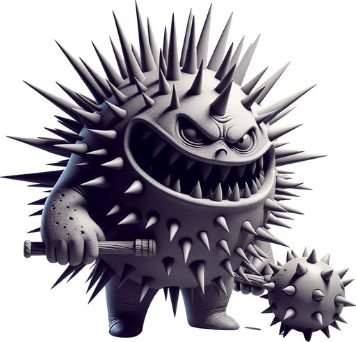 Design a menacing yet comical antagonist for a self-discovery game. The character is a spiky, shadowy creature with exaggerated features, including a wide, toothy frown, sharp ears, and furrowed, judgmental eyes. Its body is round and covered in spines, symbolizing its role as an inner critic or source of resistance. The character wields a massive hammer, emphasizing its destructive tendencies and its aim to obstruct the hero’s progress. It has a dark, moody aesthetic with shades of gray and black, creating an ominous presence. Despite its intimidating look, there’s a hint of over-the-top, cartoonish humor, making it memorable and slightly less threatening. This character embodies doubt, fear, and judgment, constantly challenging the hero while maintaining an entertaining, animated style..
In-Game asset. 3d. Blank background. High contrast. No shadows.