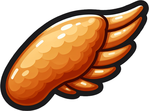 A chicken wing with transparent background..
Single Game Texture. In-Game asset. 2d. Blank background. High contrast. No shadows.