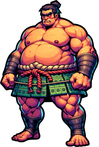 a samurai sumo big in size.
Single Game Texture. In-Game asset. 2d. Blank background. High contrast. No shadows.