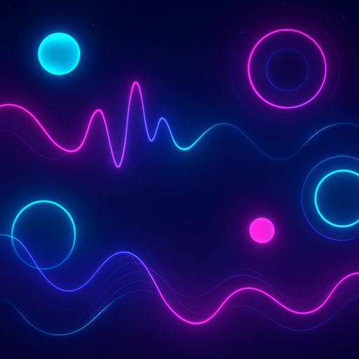 A futuristic abstract 2D background for a rhythm game start screen.
Neon color palette — cyan, magenta, and deep purple.
Floating glowing spheres, waveforms, and pulse rings layered over a dark space-like gradient background.
Visual elements should feel musical — like a living audio visualizer.
High detail, soft glowing effects, minimal UI clutter space in center.
Style: Digital art, vibrant, atmospheric..
In-Game asset.  2d.  High contrast.  No shadows