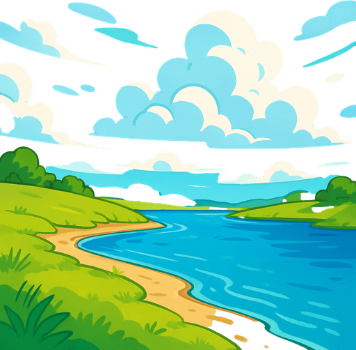 cartoony sky and bank of river