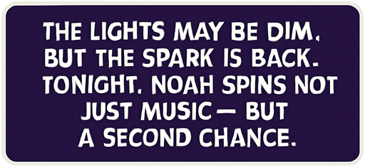 A rectangular comic-style narrator box placed near the bottom of a vertical panel (2048x2732). Dark purple background with rounded corners, white border. Inside, centered white text in clean comic font reads:
"The lights may be dim, but the spark is back. Tonight, Noah spins not just music — but a second chance.".
In-Game asset.  2d.  High contrast.  No shadows