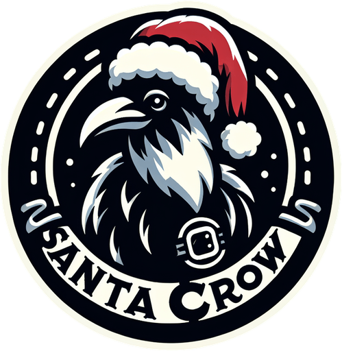 Icon for santa crow, on a circle, with the text „santa crow“ at top Single Game Texture. In-Game asset. 2d. Blank background. High contrast. No shadows.