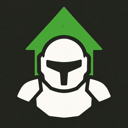 Symbol for a spaceship armor upgrade using an green arrow pointing up and white coloring.
In-Game asset.  2d.  High contrast.  No shadows
