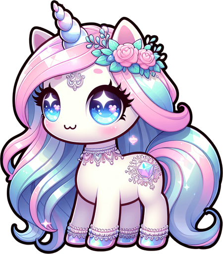 Fantasy kawaii beautiful unicorn.
Single Game Texture. In-Game asset. 2d. Blank background. High contrast. No shadows.