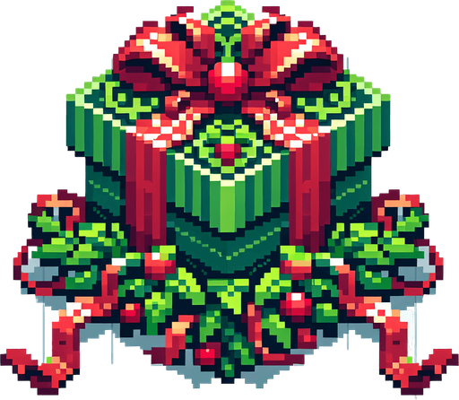 Pixel art of an elaborate green christmas present with red ribbons. Single Game Texture. In-Game asset. 2d. Blank background. High contrast. No shadows.