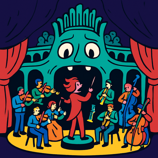 Orquesta de una Sala de Conciertos Viviente.
In-Game asset.  2d.  High contrast.  No shadows