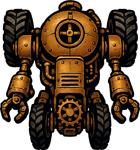 robot estilo steampunk visto desde arriba totalmente no desde el frente con llantas.
In-Game asset.  2d.  High contrast.  No shadows. vistasuperior
