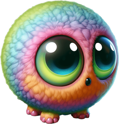 Round furry, cute alien ball with big eyes. vivid colours, looking at 45 degrees to the right.
Single Game Texture. In-Game asset. 2d. Blank background. High contrast. No shadows.