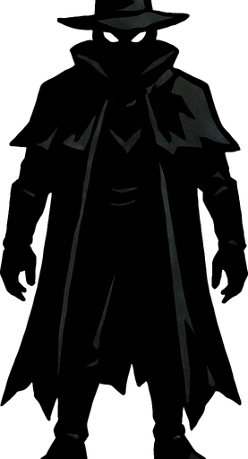 kılıçsız karanlık ve gizemli insansı bir kahraman şapkalı ve tüm vücudu görünüyor.
In-Game asset.  2d.  High contrast.  No shadows