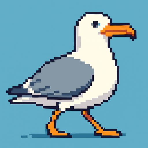 very big seagull looking to the right, pixelart, walking.
In-Game asset.  2d.  High contrast.  No shadows
