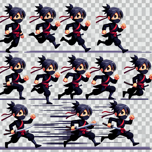 "Create a sprite sheet of a cartoon ninja running. The ninja should be wearing a black outfit with a red sash and a determined facial expression. The sprite sheet should include multiple frames to show the ninja in various stages of the running cycle, with alternating leg and arm positions. The background should be transparent.".
Style: Cartoon style, with clean lines and vibrant colors.
Character Design:
Outfit: Black ninja gi (traditional uniform) with a red sash tied around the waist.
Head: Black mask covering the lower face, revealing expressive eyes.
Hair: (Optional) If the ninja has hair, it should be flowing back in the wind as they run.
Weapon: The ninja should be carrying a weapon (sword or staff) in their hand. The weapon should also be animated to show movement as the ninja runs.
Running Animation:
Number of Frames: At least 4-6 frames for a smooth animation cycle.
Poses: Varying leg and arm positions to create a sense of movement and dynamism. Consider poses with one leg extended forward, the other back, and arms swinging in opposite directions.
Details: Pay attention to details like the flow of the clothing and the movement of the hair (if applicable) to enhance the realism of the animation.
Background: Transparent background for easy integration into the game.
Resolution: Specify a resolution that is appropriate for your game's scale and the desired level of detail (e.g., 128x128 pixels or 256x256 pixels per frame).