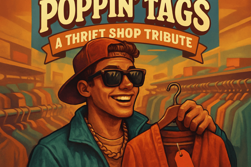 portrait banner, high definition, for a game titled "Poppin' Tags: A Thrift Shop Trubute"