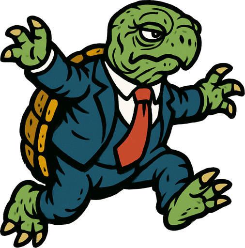 Irregular old land turtle wearing a suit with a red tie in a jumping position.
In-Game asset.  2d.  High contrast.  No shadows