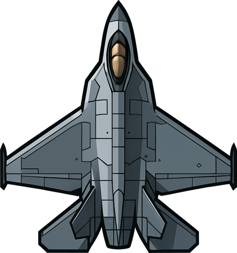 üstten görünümlü F 16 ile benzer ama daha gelişmiş gözüken savaş uçağı png resim.
In-Game asset.  2d.  High contrast.  No shadows